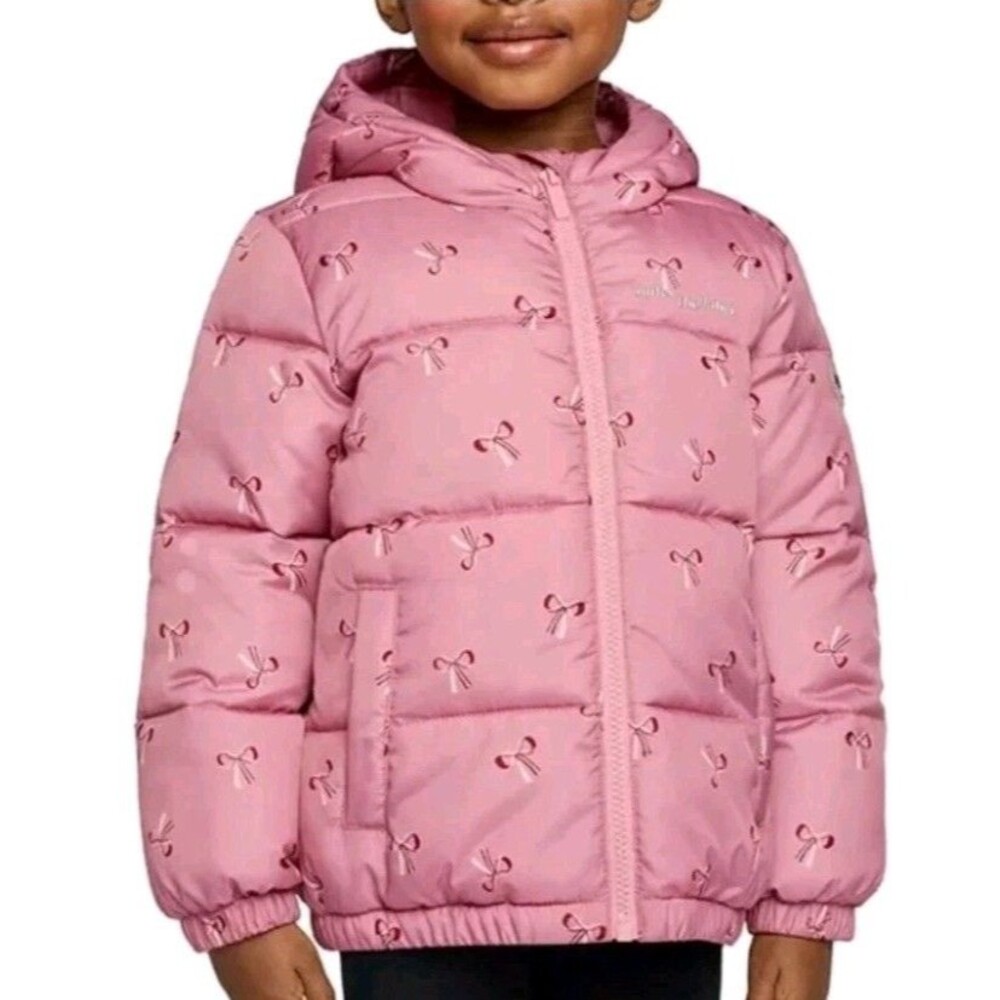 Miles‎ the Label Kids Hooded Puffer Jacket Girls Water, Pink with Bows, 4T NWT